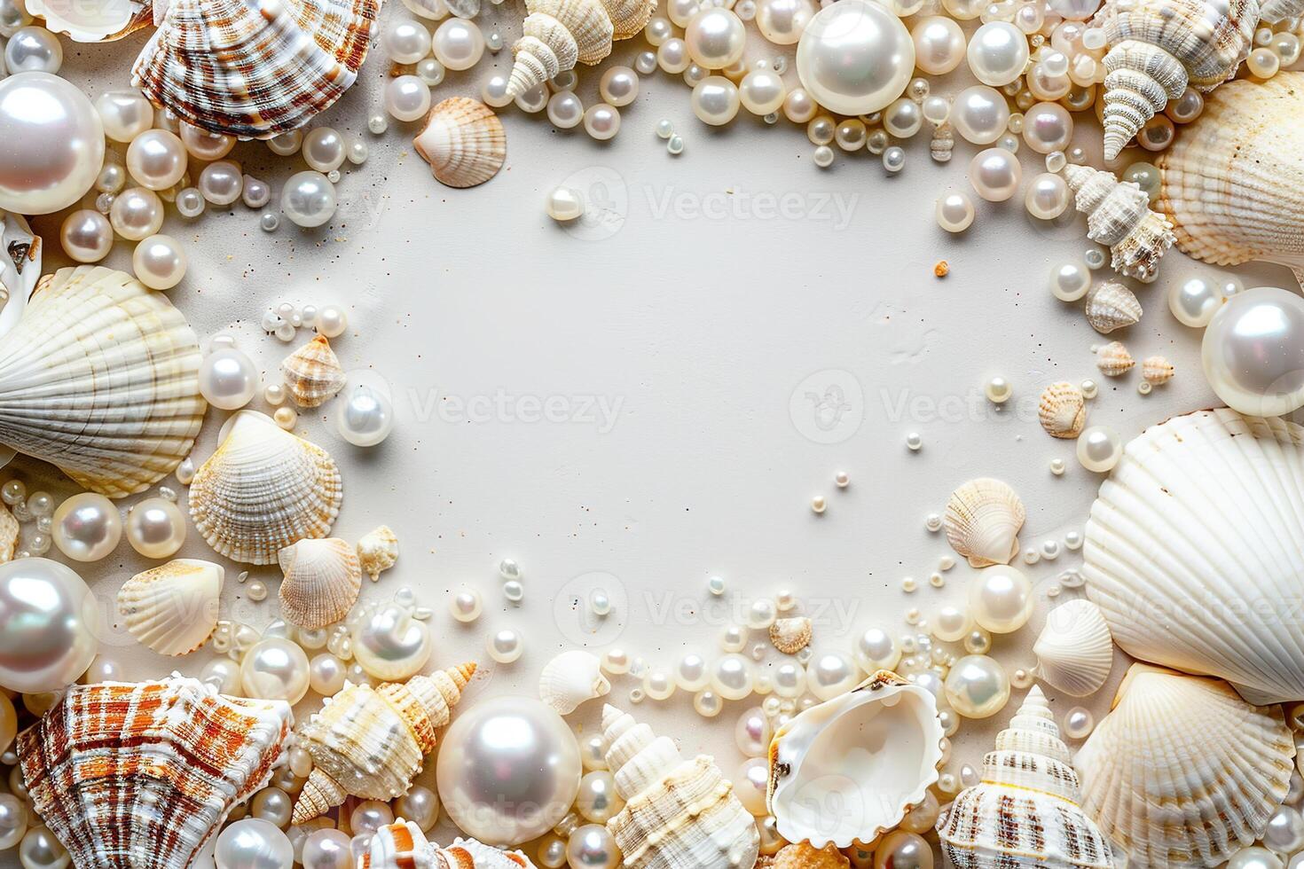 border frame template of various shells and pearls on white background top view with copy space photo