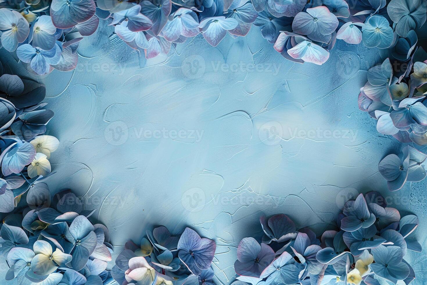 blue hydrangeas flowers border frame on light painted background top view, beautiful floral template with copy space photo