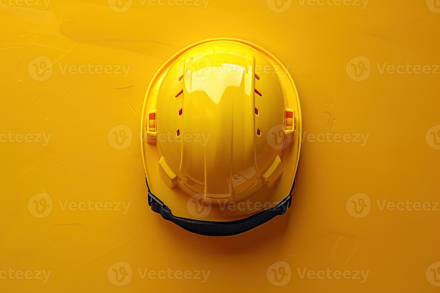 closeup of yellow construction safety helmet on yellow background top view photo