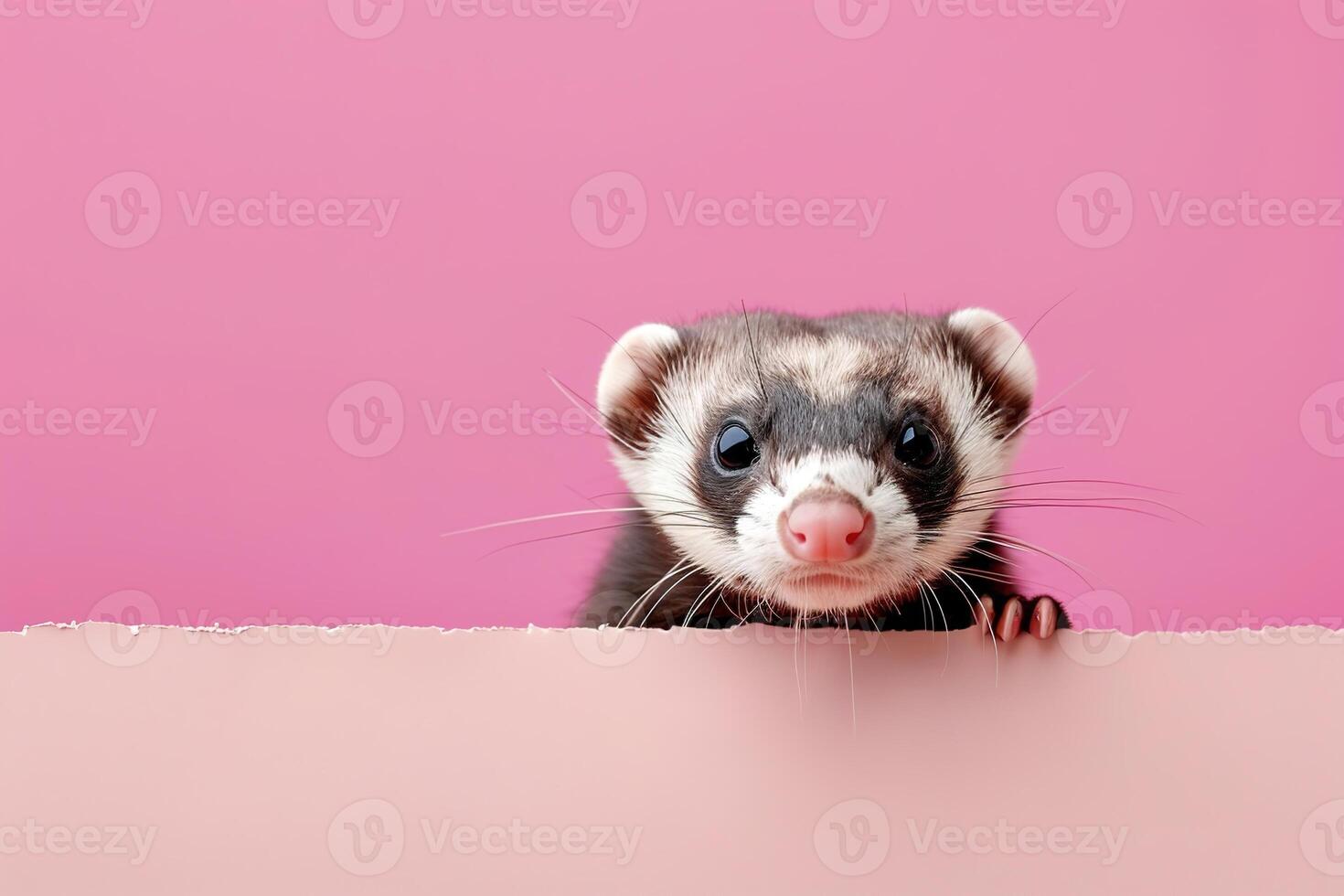 cute young ferret peeking out against a pastel pink background with copy space photo