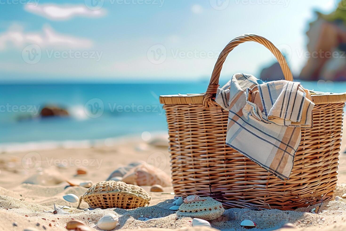 wicker picnic basket on sea or ocean beach photo