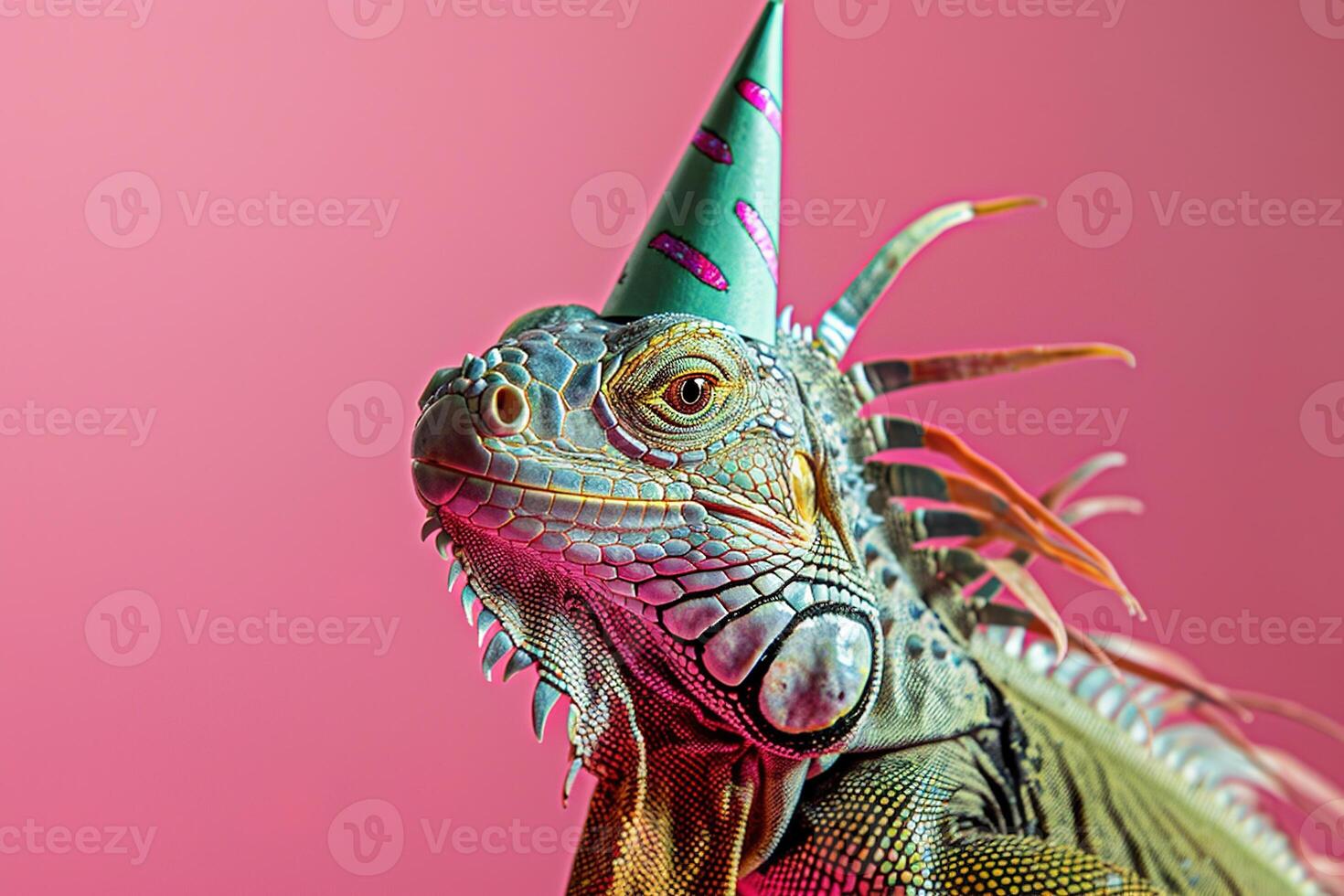 closeup iguana lizard in a party hat on a pink background. Birthday celebration concept photo