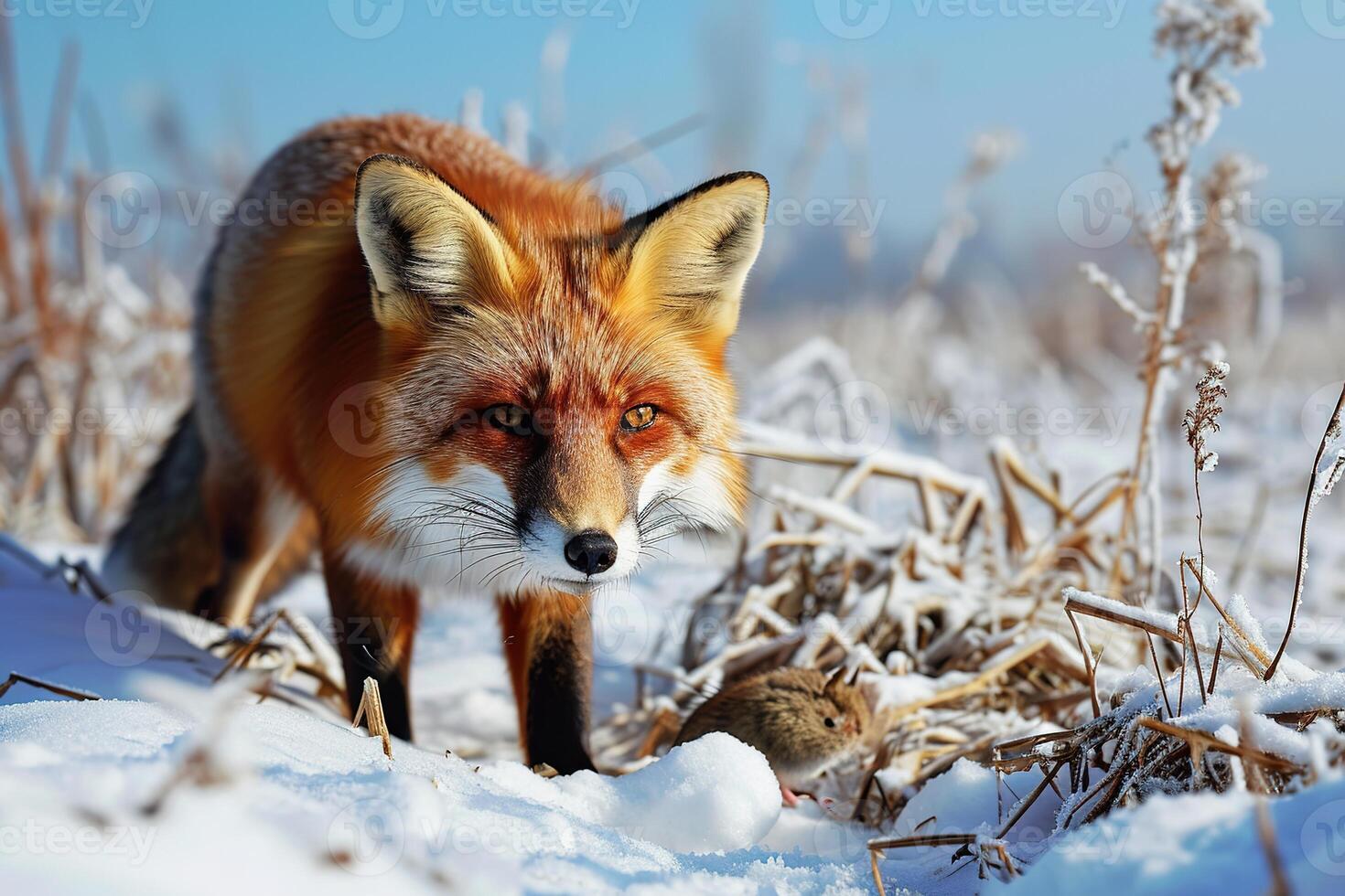 red fox hunts in the snowy field on a sunny winter day photo