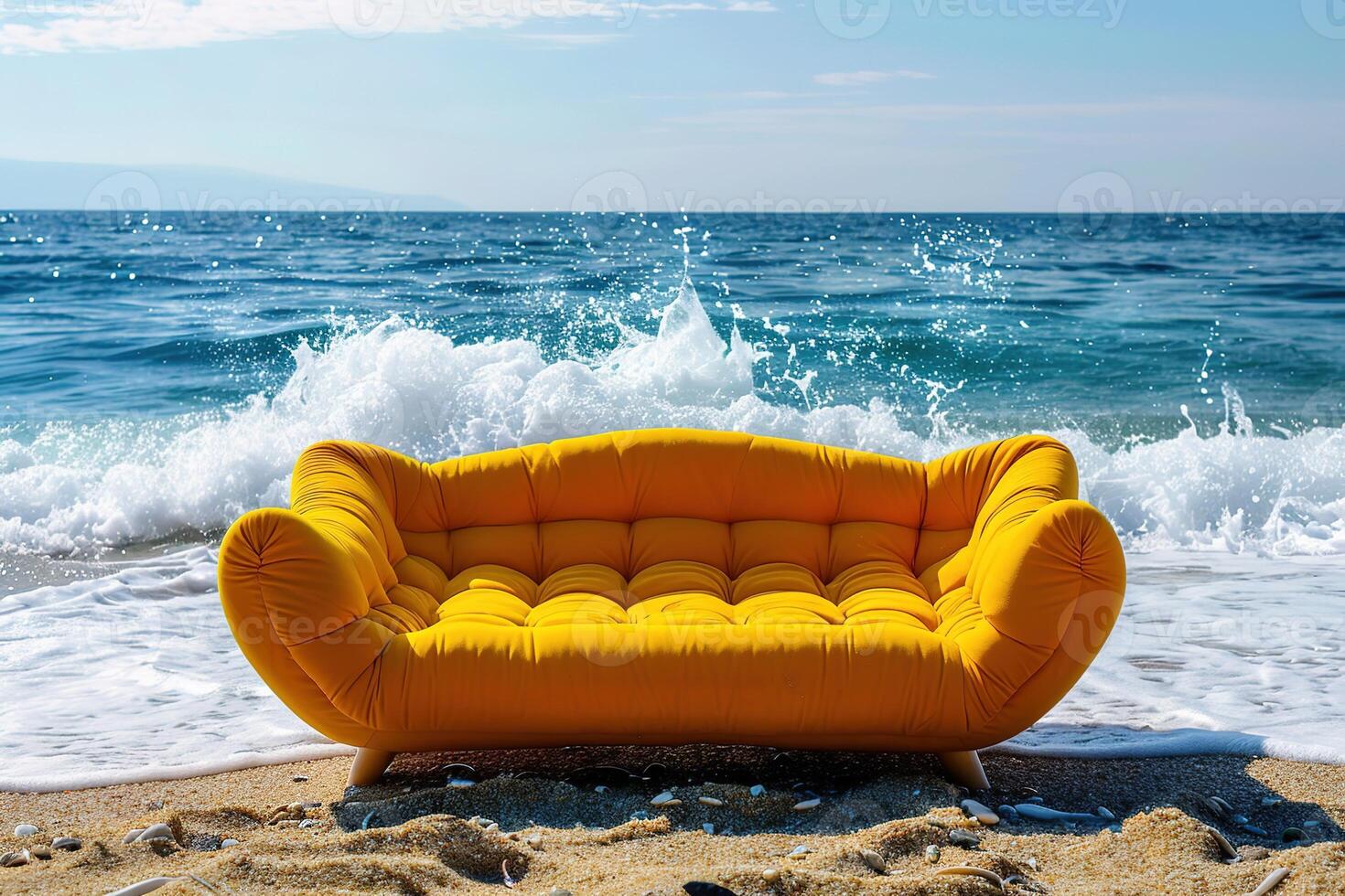 yellow sofa stands on the sandy beach on sea photo