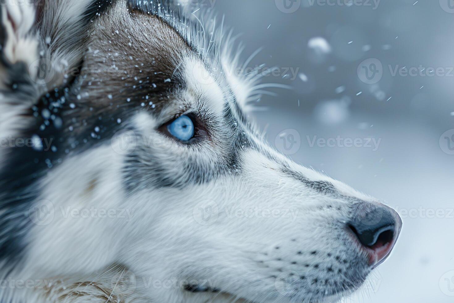 profile view portrait of a siberian husky dog with a blue eye is standing in the snow with blurred background photo