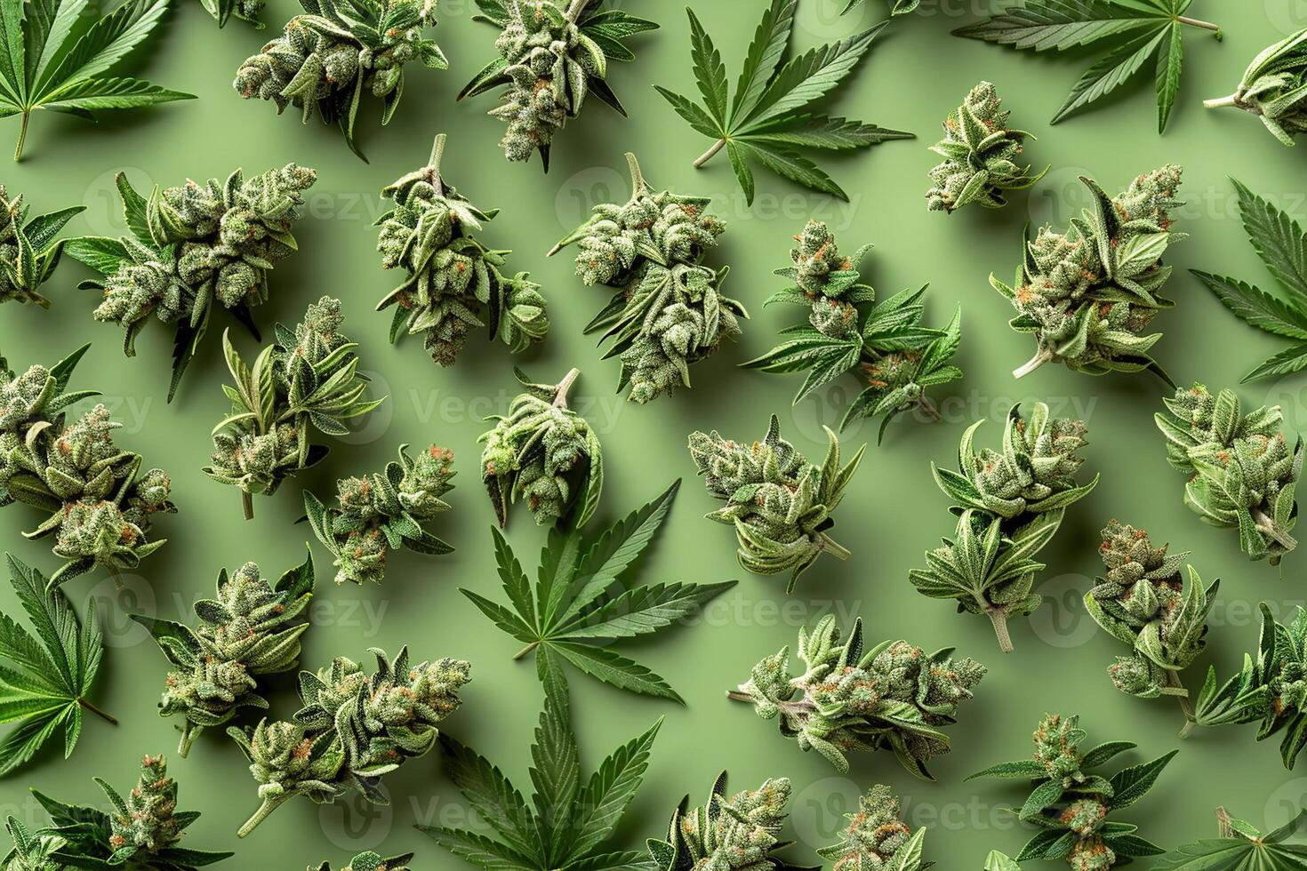 top view cannabis marijuana buds and leaves on a green background with hard bright light photo