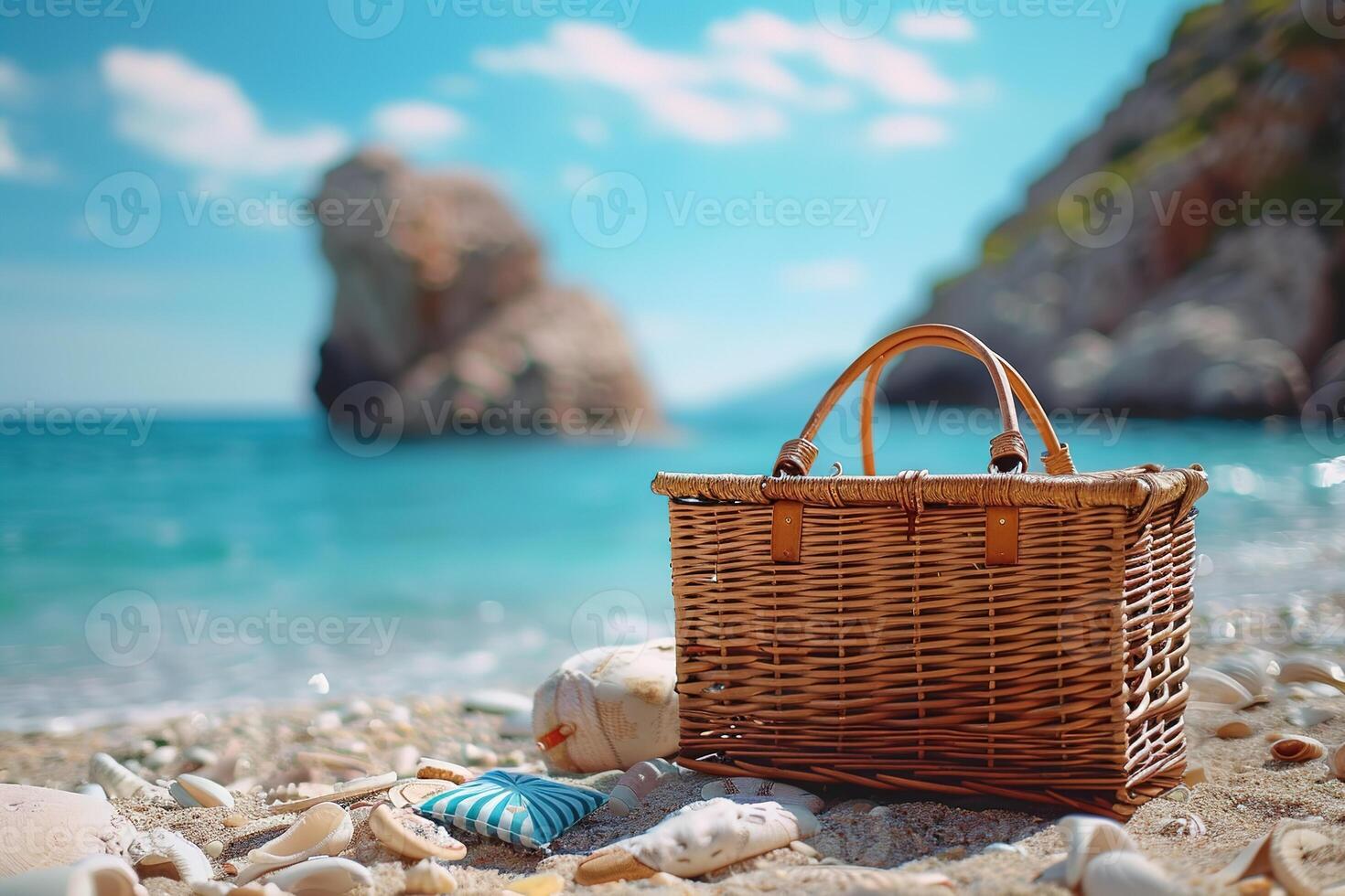 closeup wicker picnic basket on sea or ocean sandy beach photo