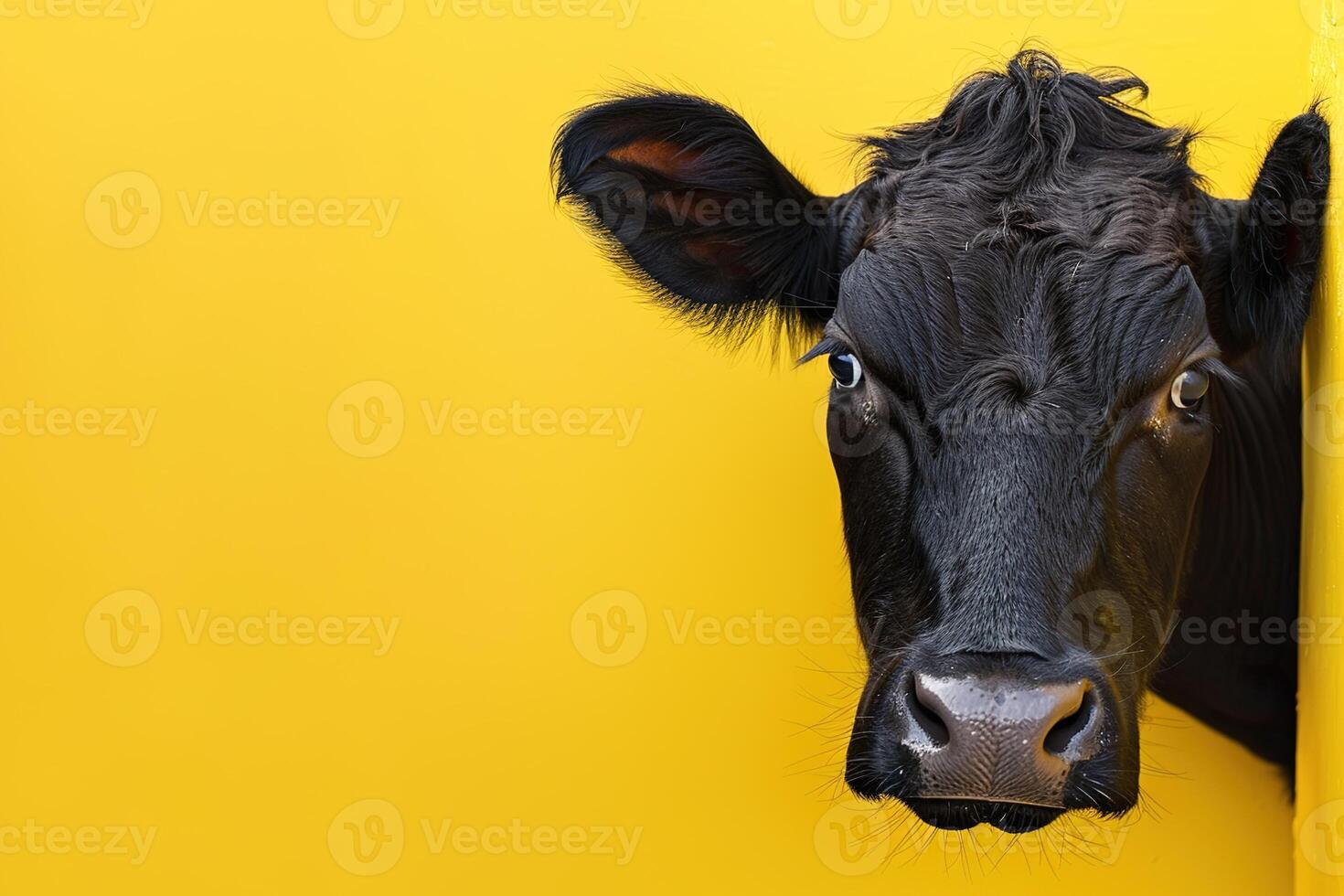 template of black cow peeking out from behind bright yellow background with copy space photo