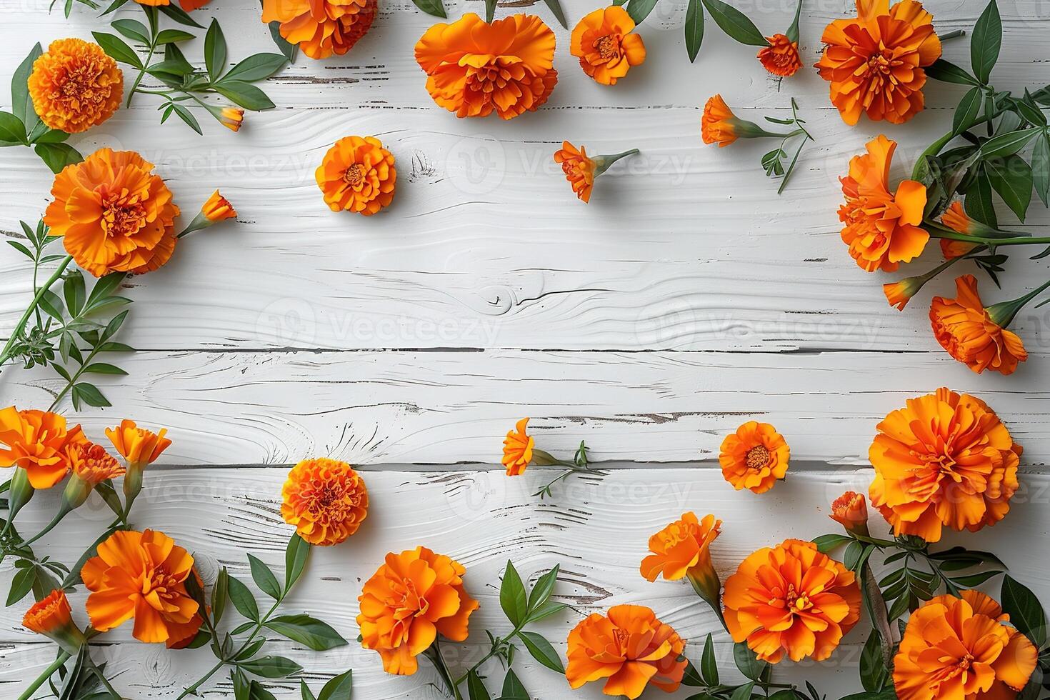 orange marigolds flowers border frame on white painted wooden background top view, beautiful floral template with copy space photo