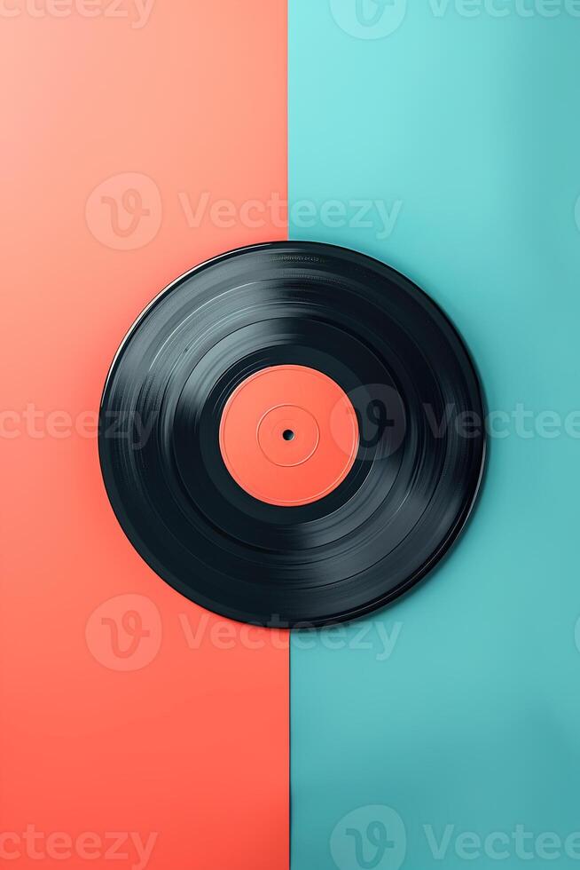 vertical image top view one vinyl record on blue and red background flatlay in retro style photo
