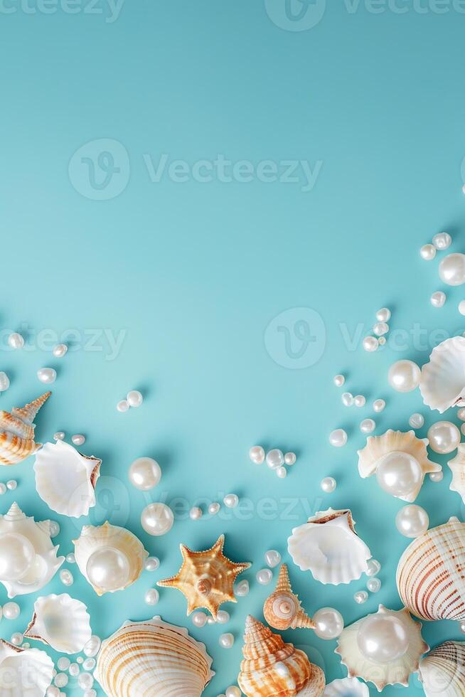 vertical border frame template of various shells and pearls on light blue background top view with copy space photo