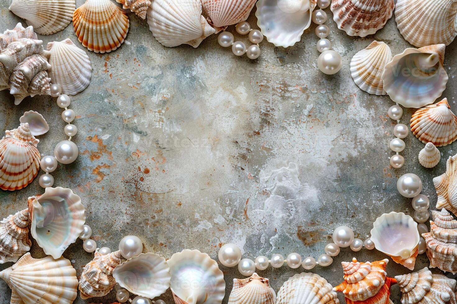 border frame template of various shells and pearls on grey concrete stone background top view with copy space photo