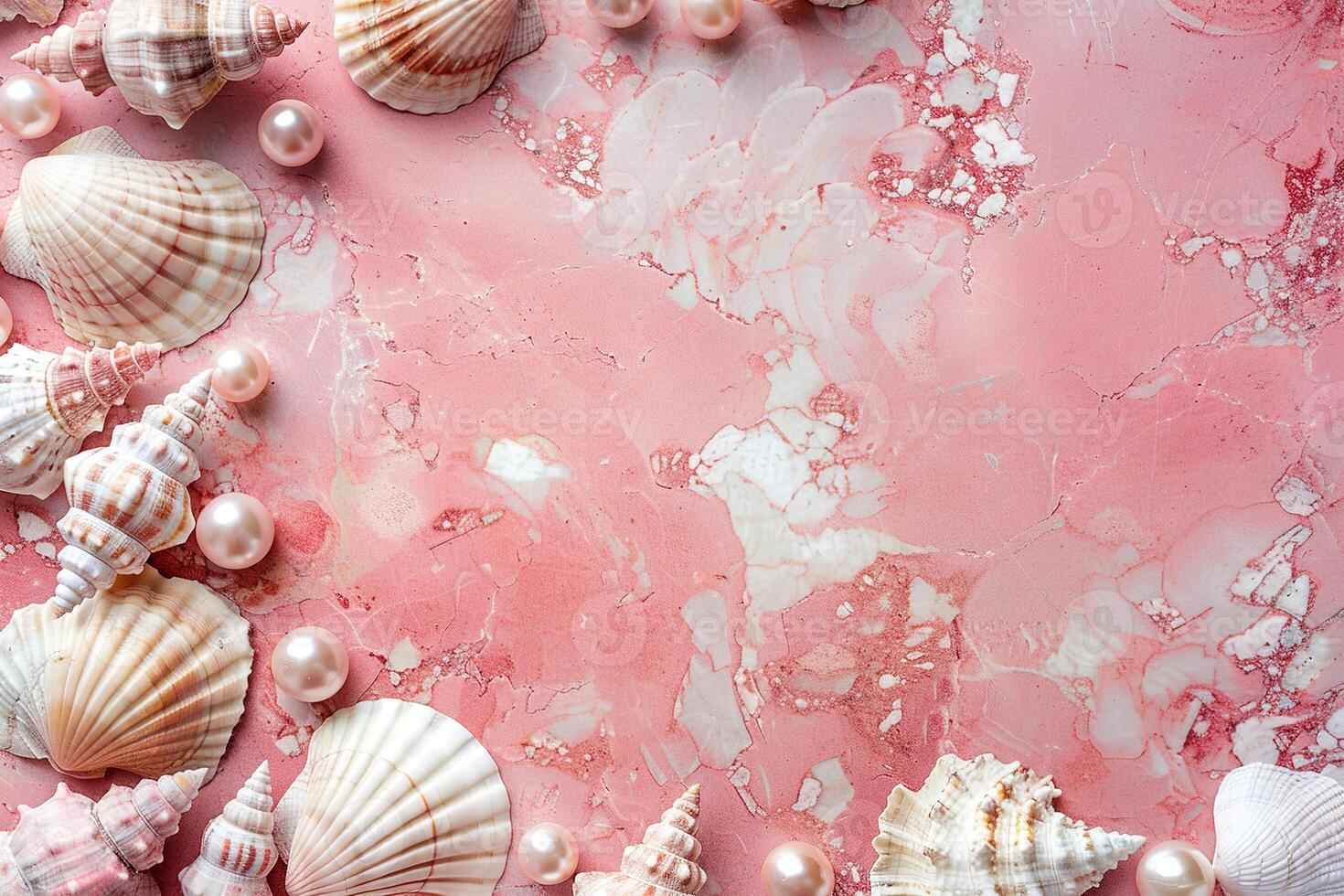 border frame template of various shells and pearls on pink marble background top view with copy space photo