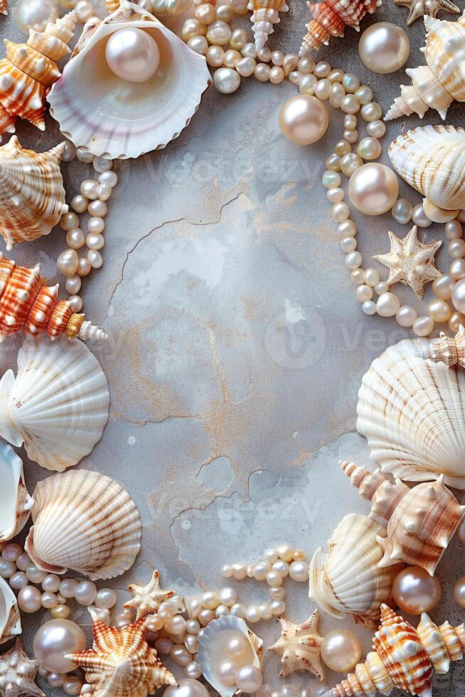 vertical border frame template of various shells and pearls on grey concrete stone background top view with copy space photo