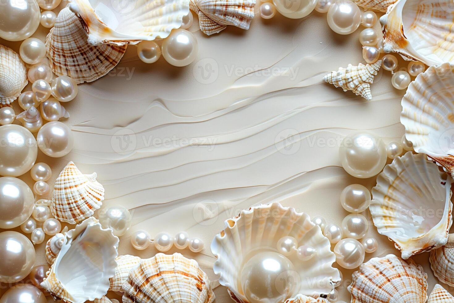 border frame template of various shells and pearls on beige background top view with copy space photo