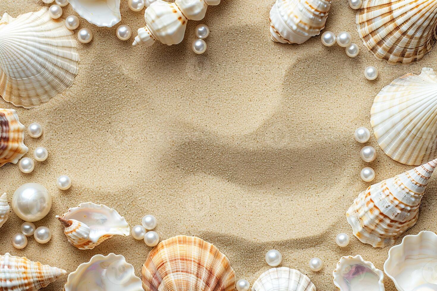 border frame template of various shells and pearls on sand background top view with copy space photo