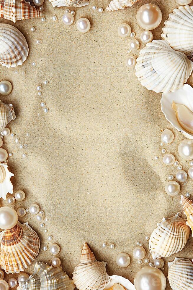 vertical border frame template of various shells and pearls on sand background top view with copy space photo