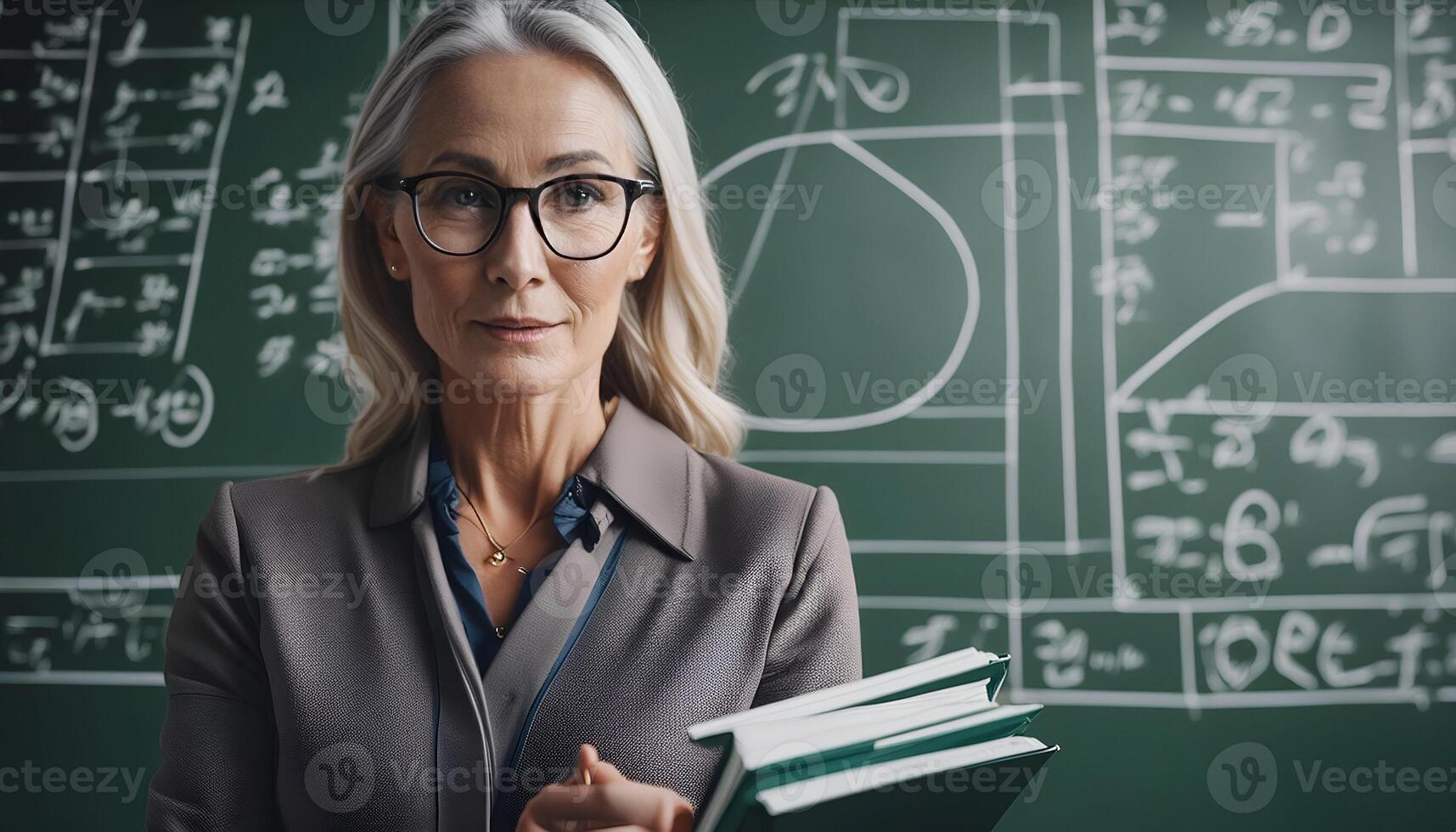 Math Mastery. Teacher Giving Engaging Lesson on Chalkboard photo