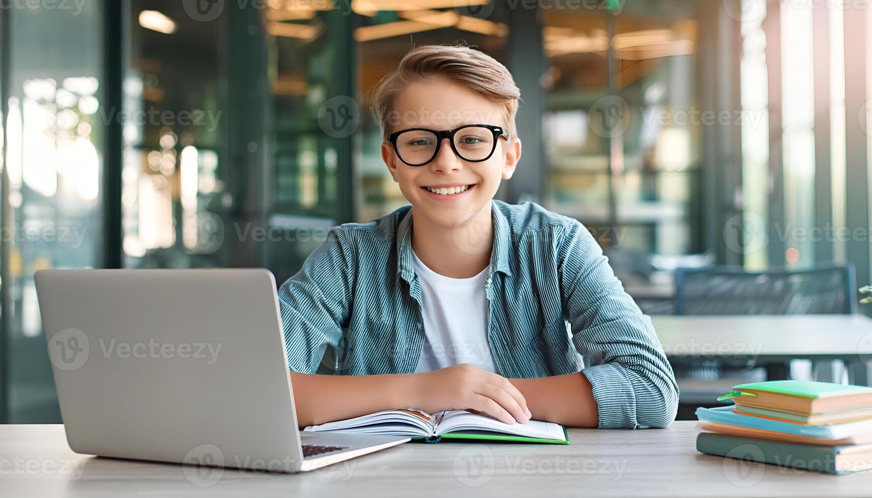 Empowered Scholar. Portrait of a Confident Student Boy Grinning for the Camera, Seated at His Desk with Laptop and Textbook, Demonstrating His Dedication and Passion for Learning photo