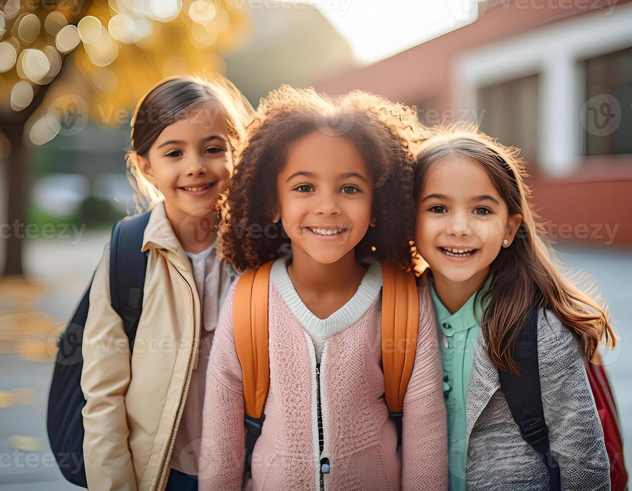 Cheerful School Days. Fun and Laughter with Diverse Children Outdoors photo