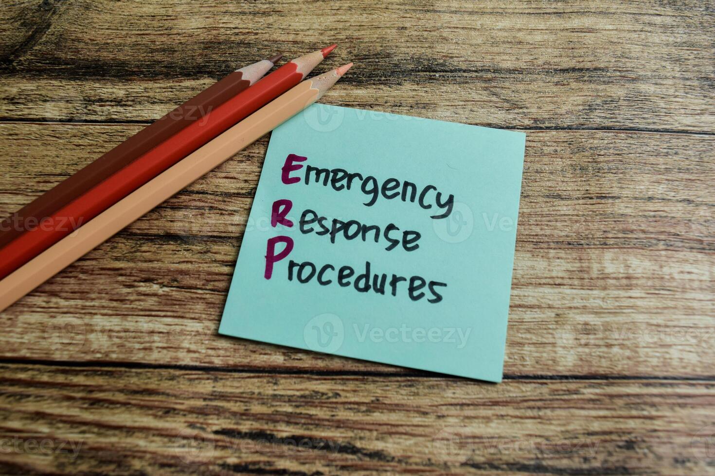 Concept of ERP - Emergency Response Procedures write on sticky notes isolated on Wooden Table. photo