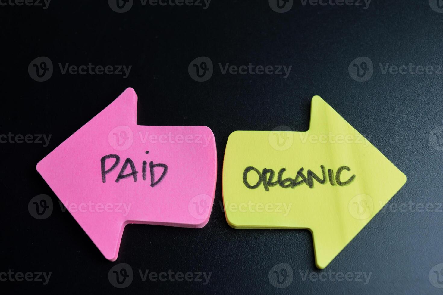Concept of Paid or Organic write on sticky notes isolated on Wooden Table. photo