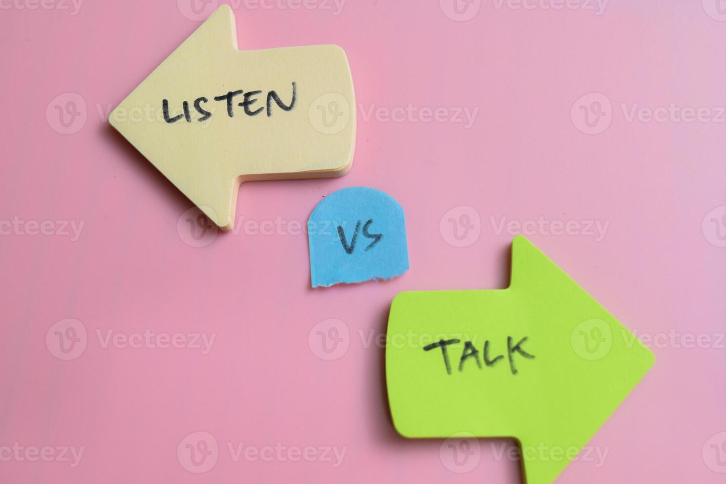Concept of Listen vs Talk write on sticky notes isolated on Wooden Table. photo