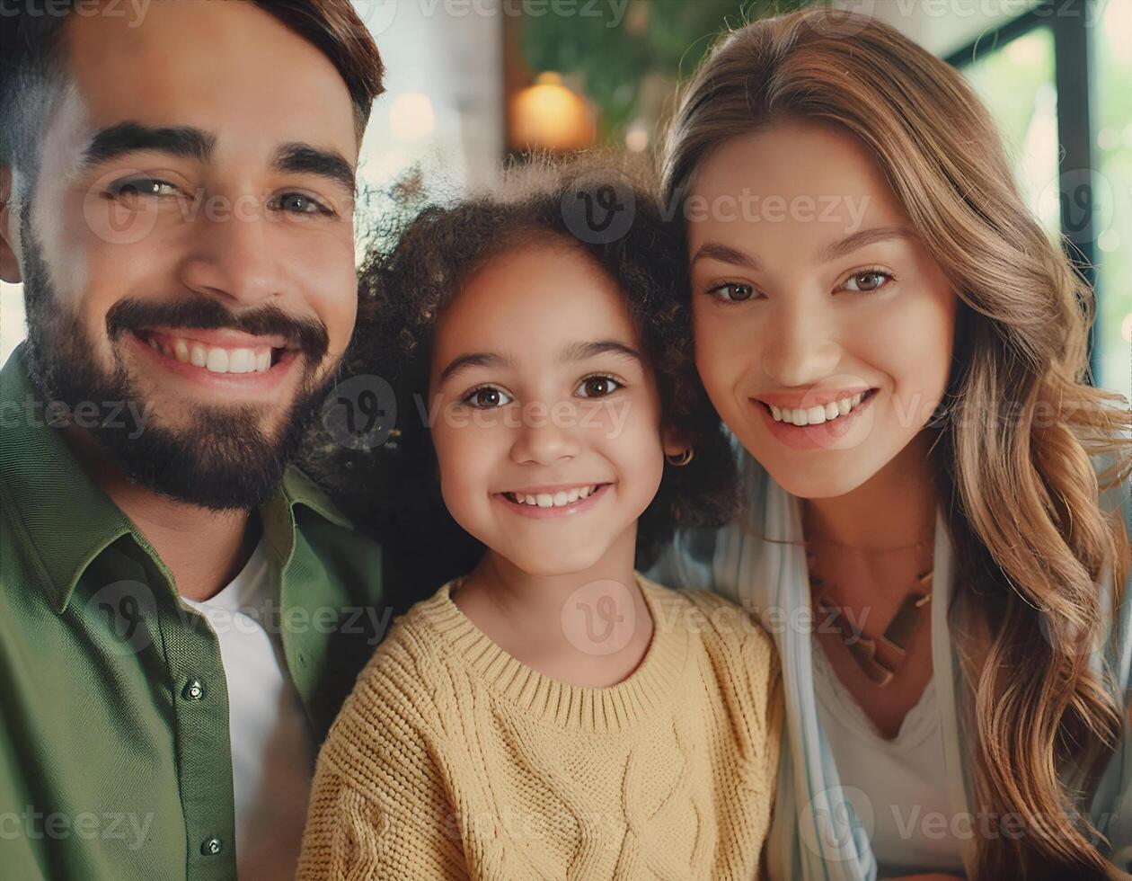 Home Happiness. Biracial Girl Smiling with Multiracial Parents photo