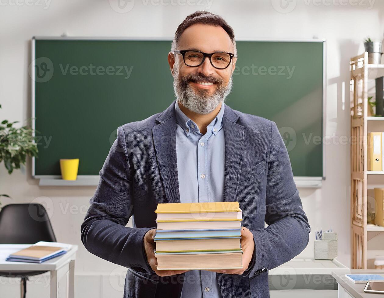 Learning Leadership. Smiling School Teacher with Books photo