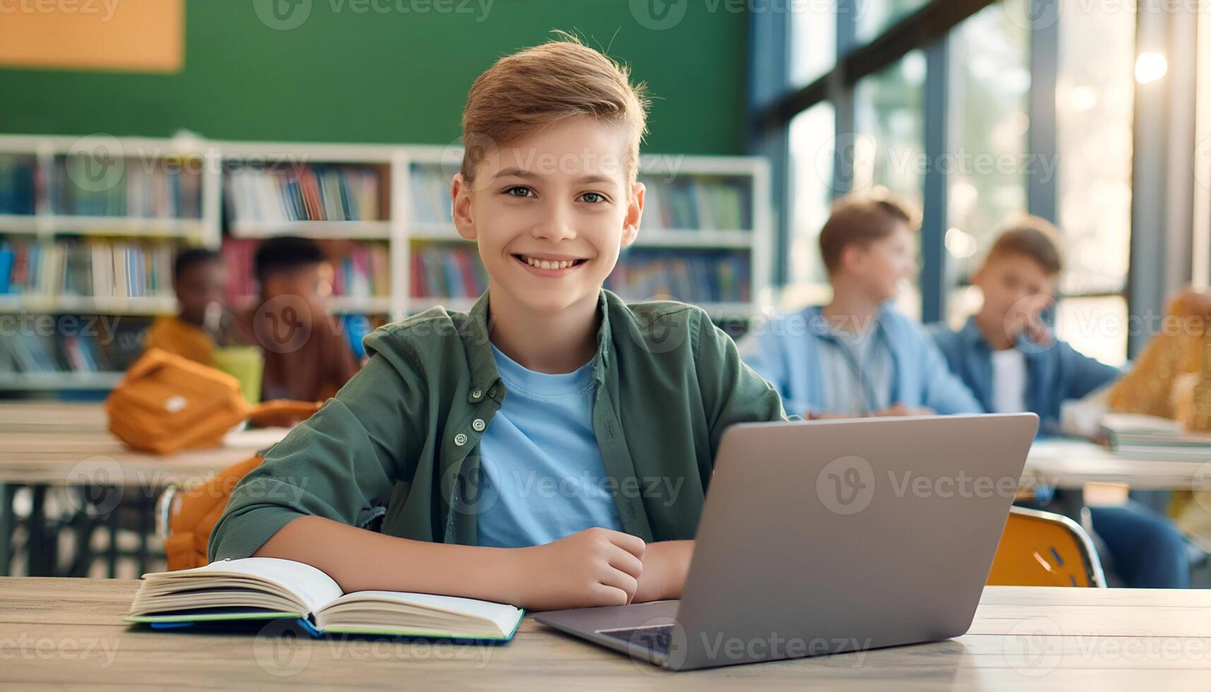 Embracing Learning. Portrait of a Happy Student Boy Positively Posing for the Camera, Seated at His Desk with Laptop and Textbook, Immersed in the Rich Experience of Education and Growth photo