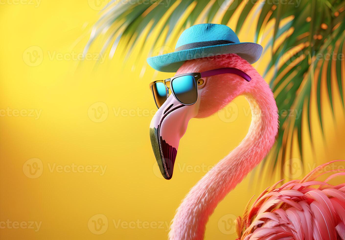 Stylish Flamingo. Pink Flamingo with Sunglasses and Hat Under Palm Leaf, Vibrant Yellow Background photo