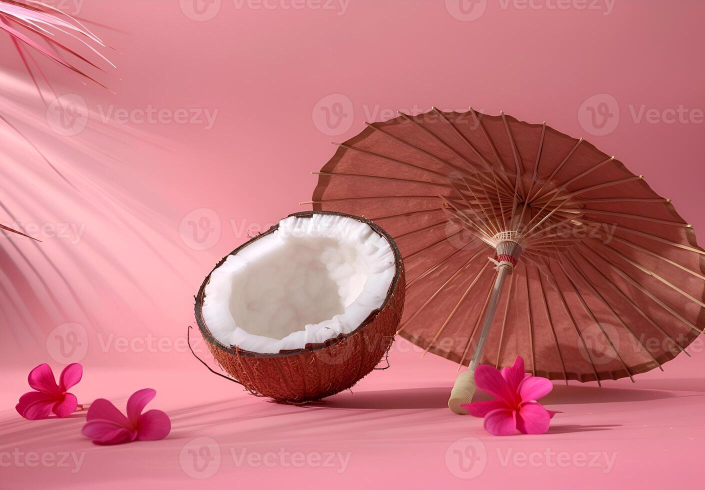 Summer Vibes. Coconut and Sun Umbrella in Tropical Beach Concept on Pink Backdrop photo