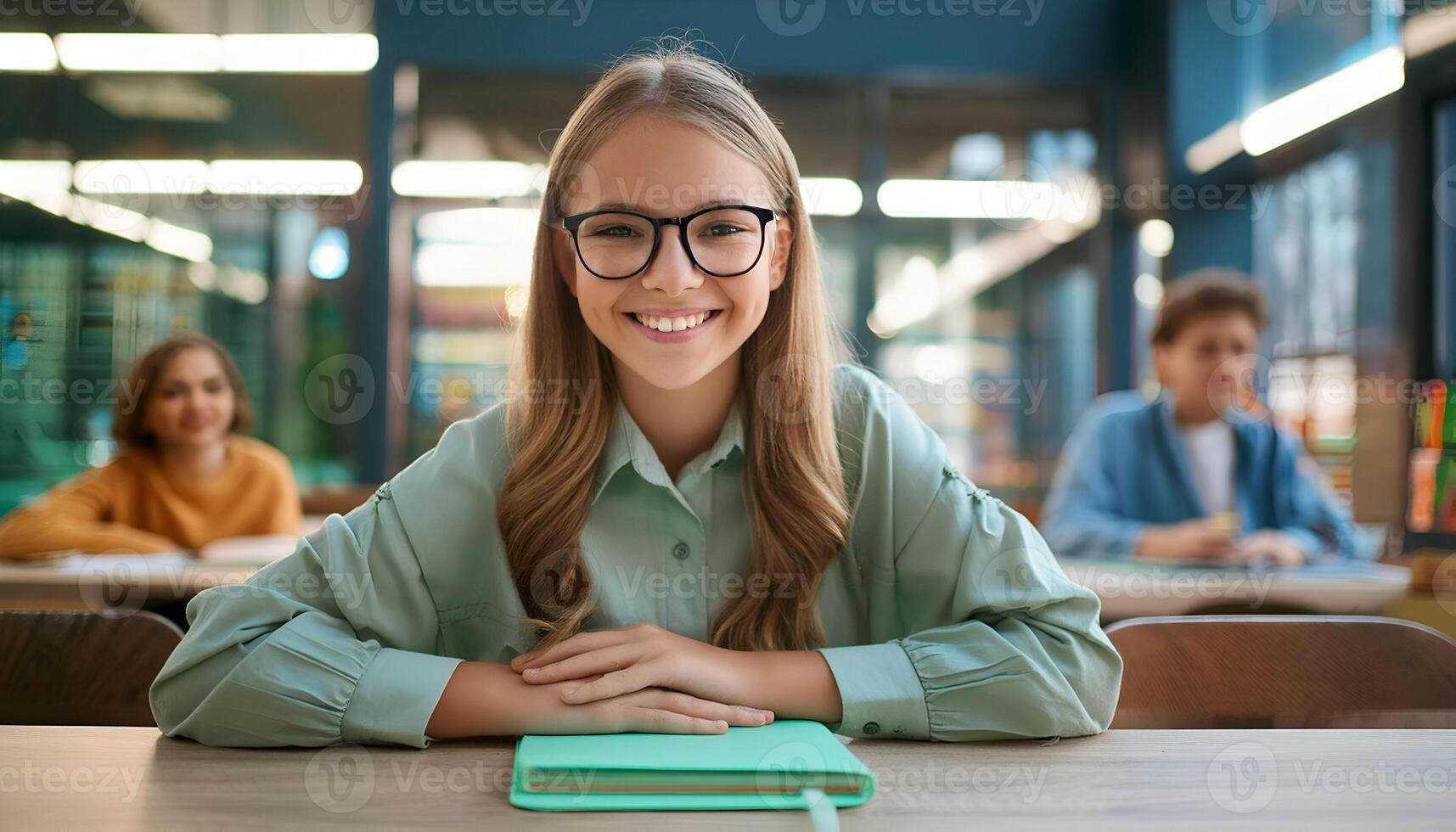 Embracing Knowledge. Portrait of a Joyful Student Girl Radiating Confidence as She Poses for the Camera, Engaged in Her Studies with Laptop and Textbook on Her Desk, Fully Immersed in the Educational photo