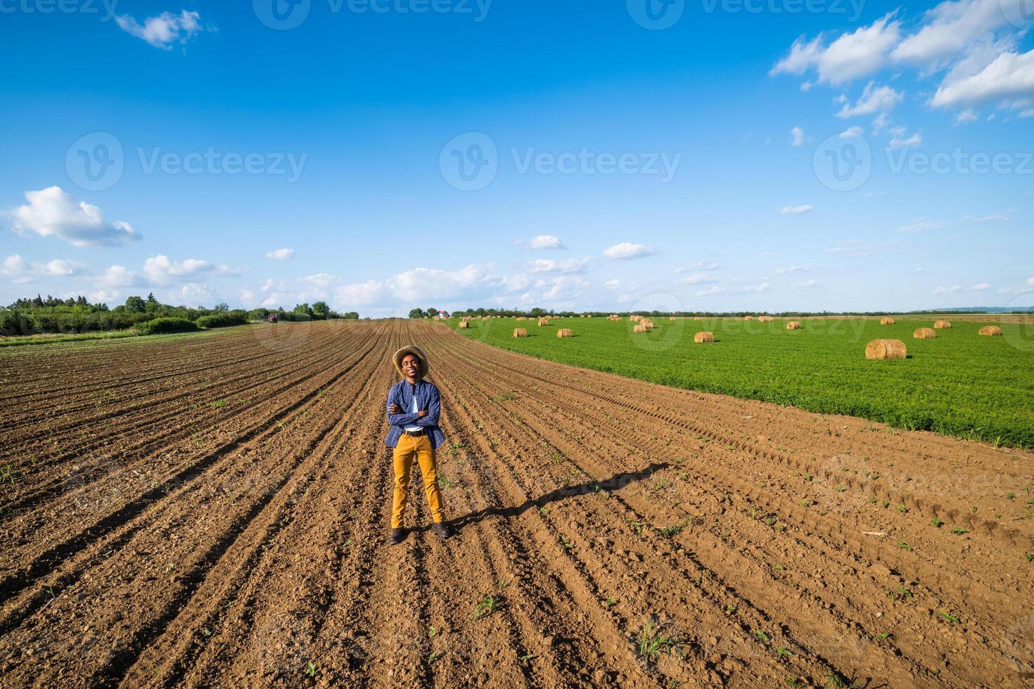 African farmer is standing in his agricultural field. He is cultivating clover and making bales of hay. photo