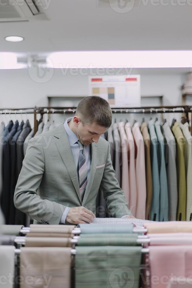 Craftsman at work in a high-end tailoring studio, measuring fabric on a classic mannequin, embodying the essence of bespoke fashion photo