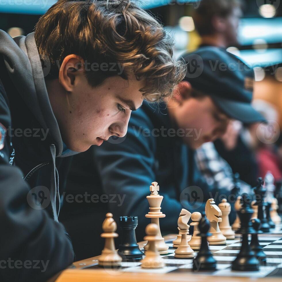 In a chess tournament, two opponents intensely focused, their minds clashing over each move, each player resisting psychological pressure photo