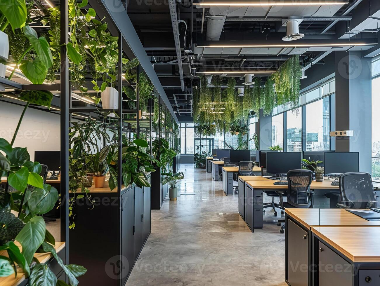 Creative office layout focusing on biophilic design principles, with zero waste solutions like compostable materials and reusable supplies photo