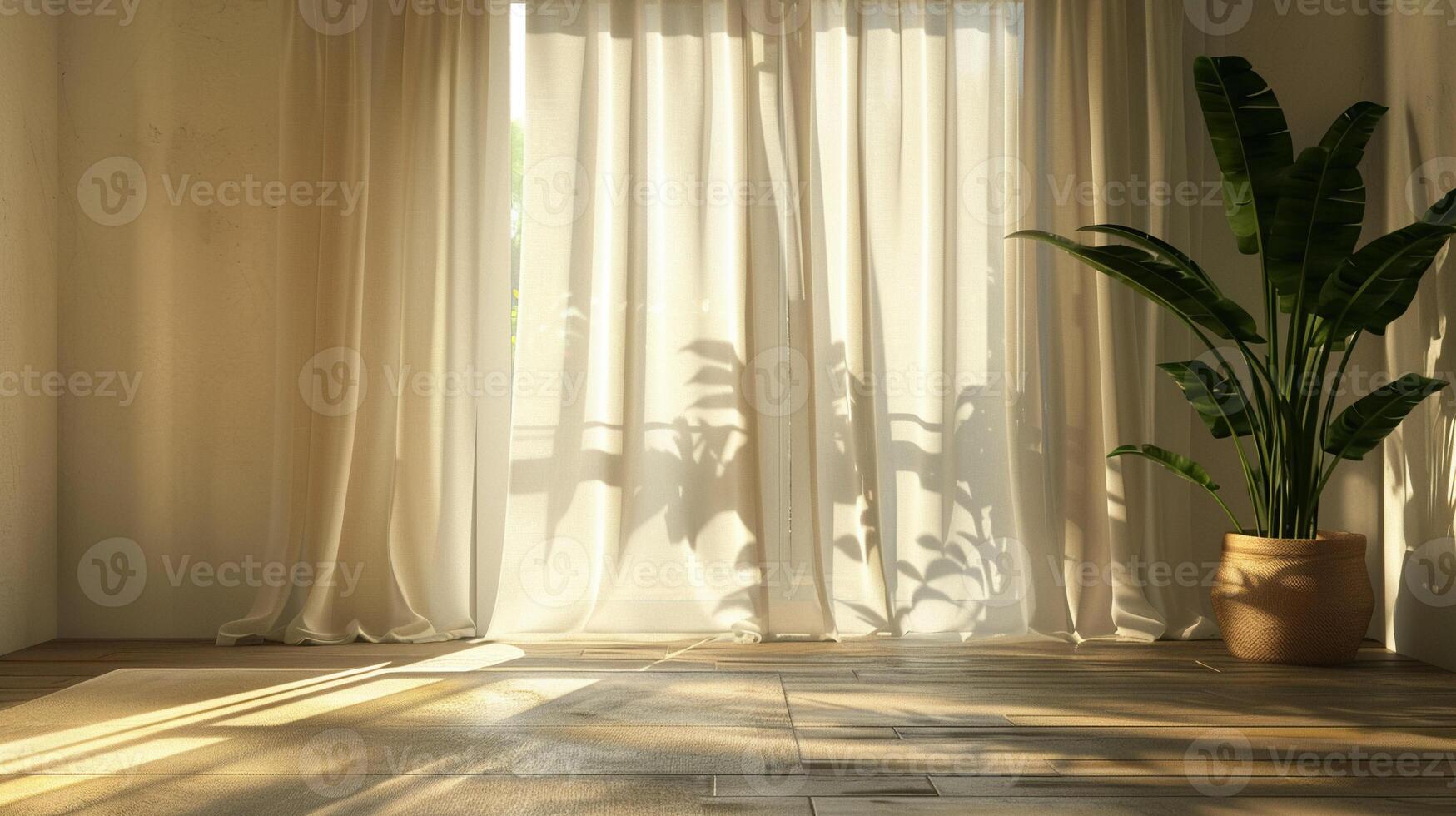 Fresh open space room with flowing curtains, opposite to a dirty, shadowed corner, noon light, dynamic angle photo