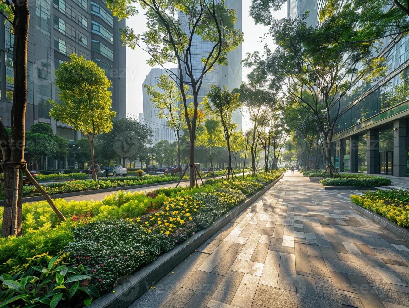 Downtown smart city street lined with phyto-remediation gardens, illustrating solutions for cleaner air and urban beautification photo