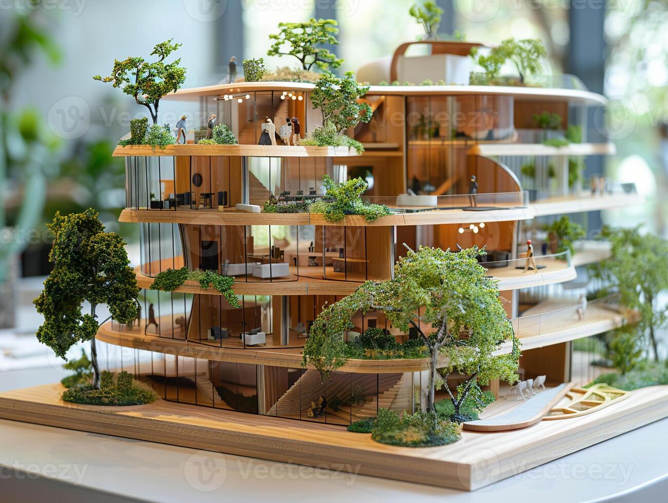 Architects presenting a model of a modular construction project, emphasizing quality and biomimicry in sustainable building practices photo