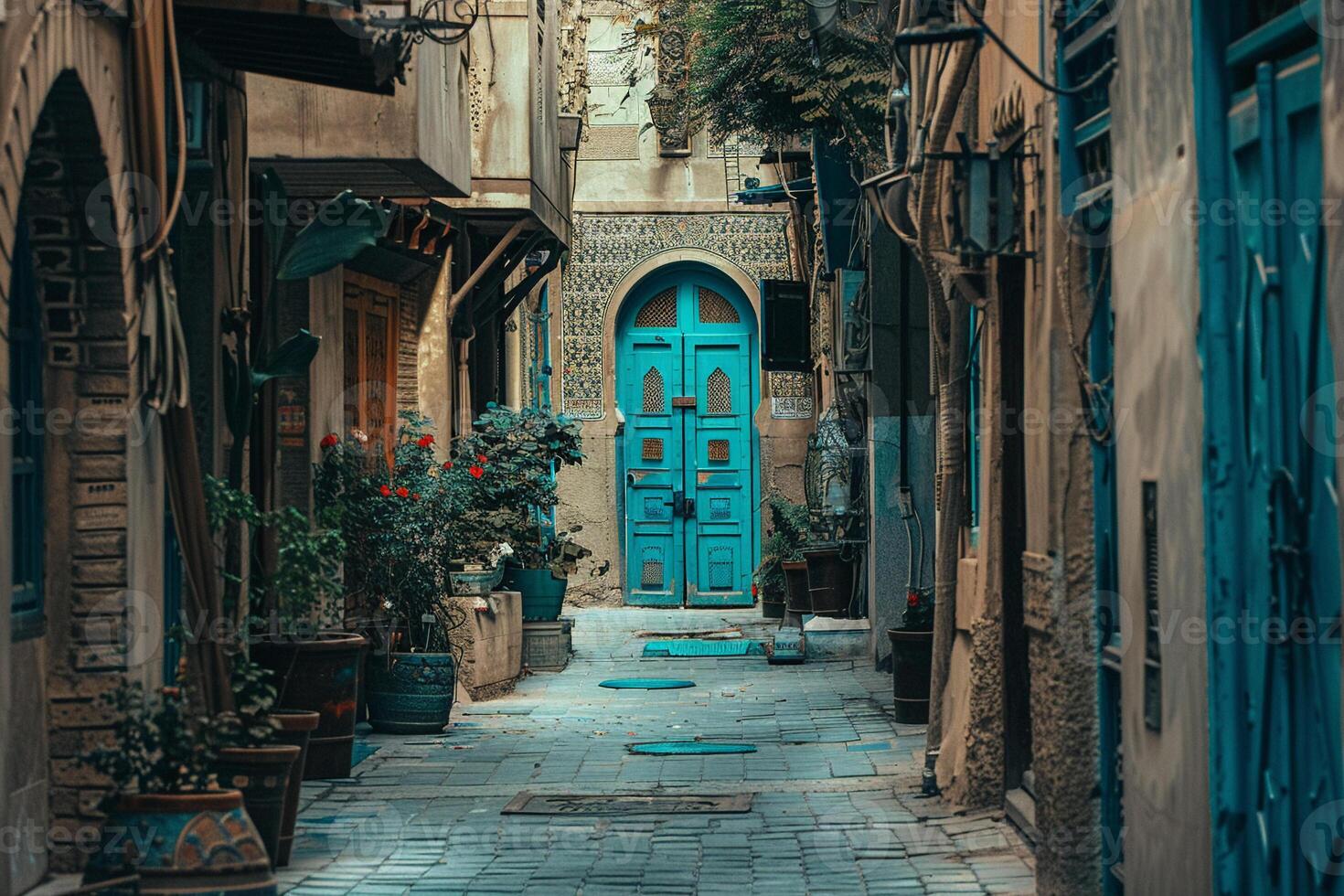 The narrow alley's monotone colors blend with mixed patterns, creating a subdued mosaic photo