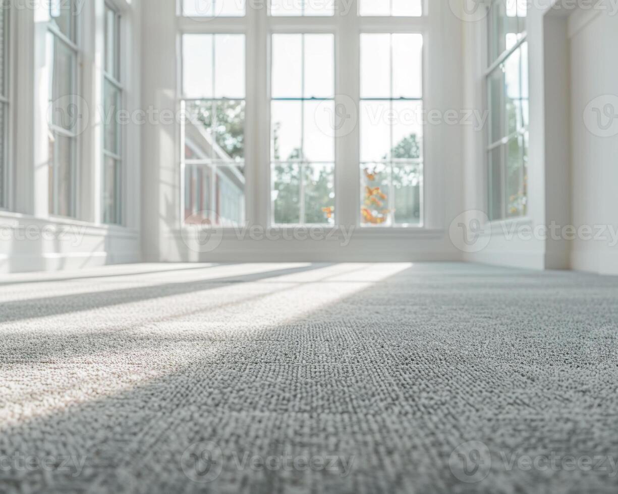 Pristine carpet in an airy, empty room, windows letting in soft light, noon, eye-level shot, vivid detail photo