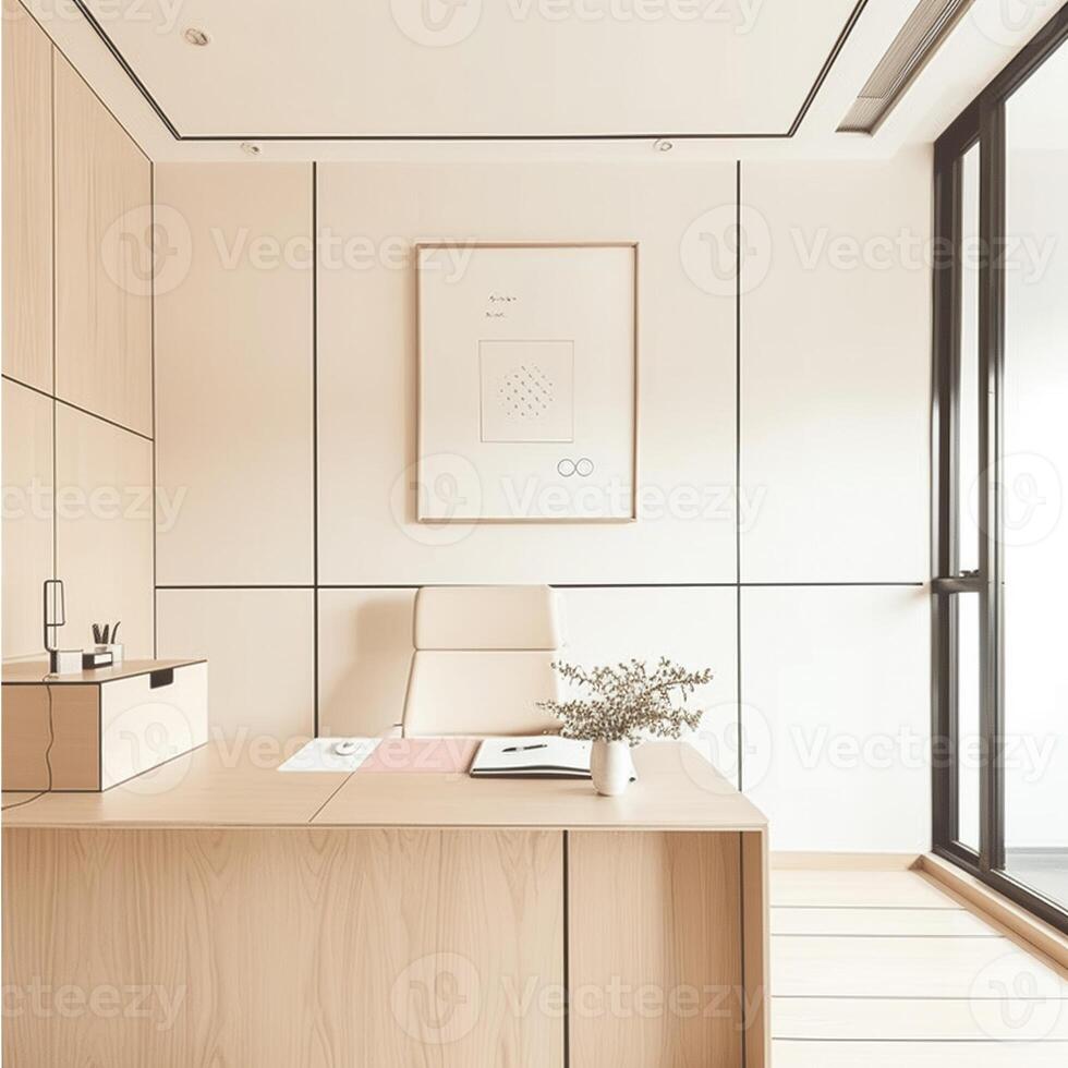 Compact office space designed with minimalist aesthetics, featuring a neutral color palette, streamlined furniture, and clutter-free surfaces photo