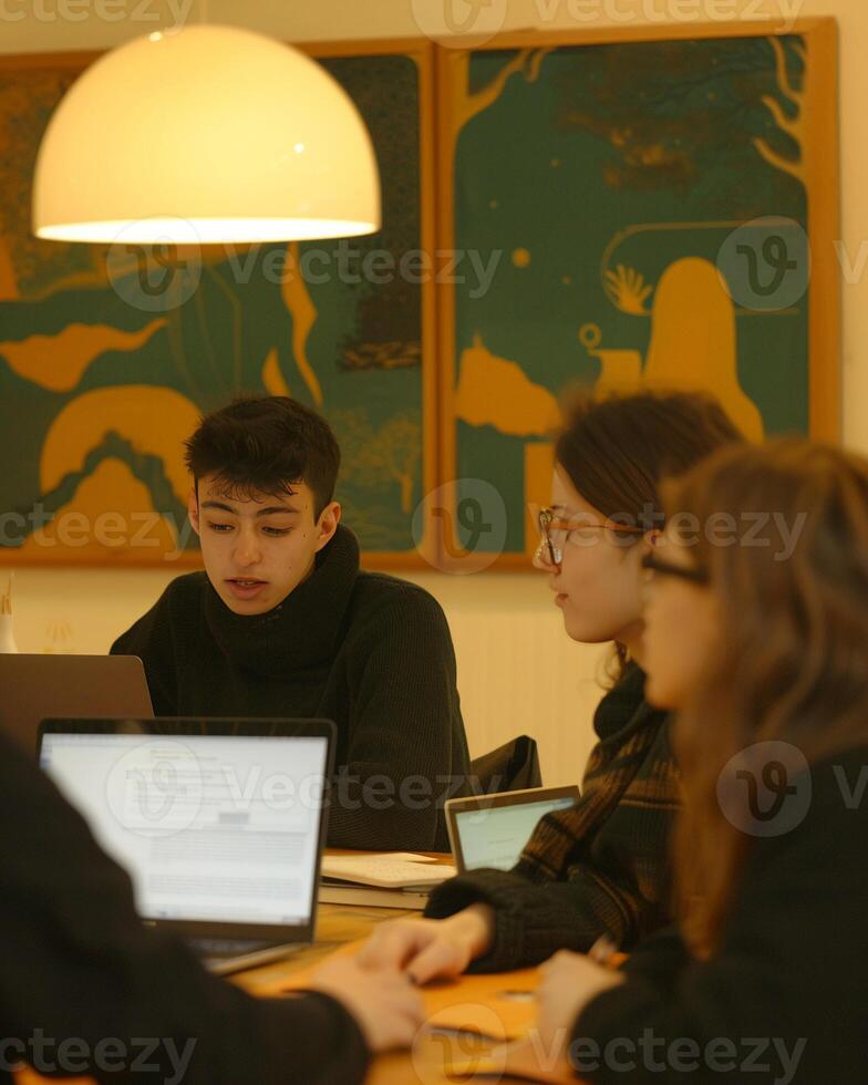 An energetic workshop filled with aspiring entrepreneurs, where students develop and refine their business ventures under expert guidance photo