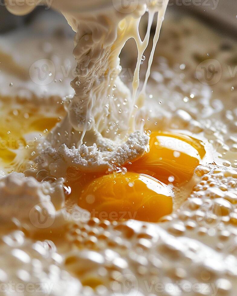 A close-up of a dough hook in action, egg yolks and whites swirling with yeast in the bowl of a mixer, the beginning of a delicious creation photo