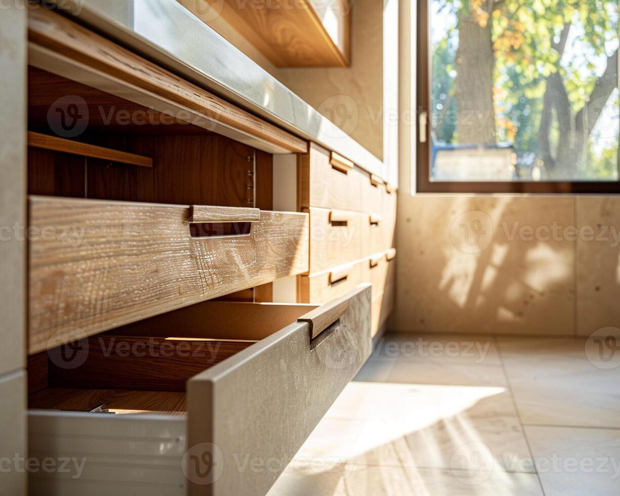 Empty kitchen with open cabinets and drawers, soft natural light, wide angle, real-life detail photo