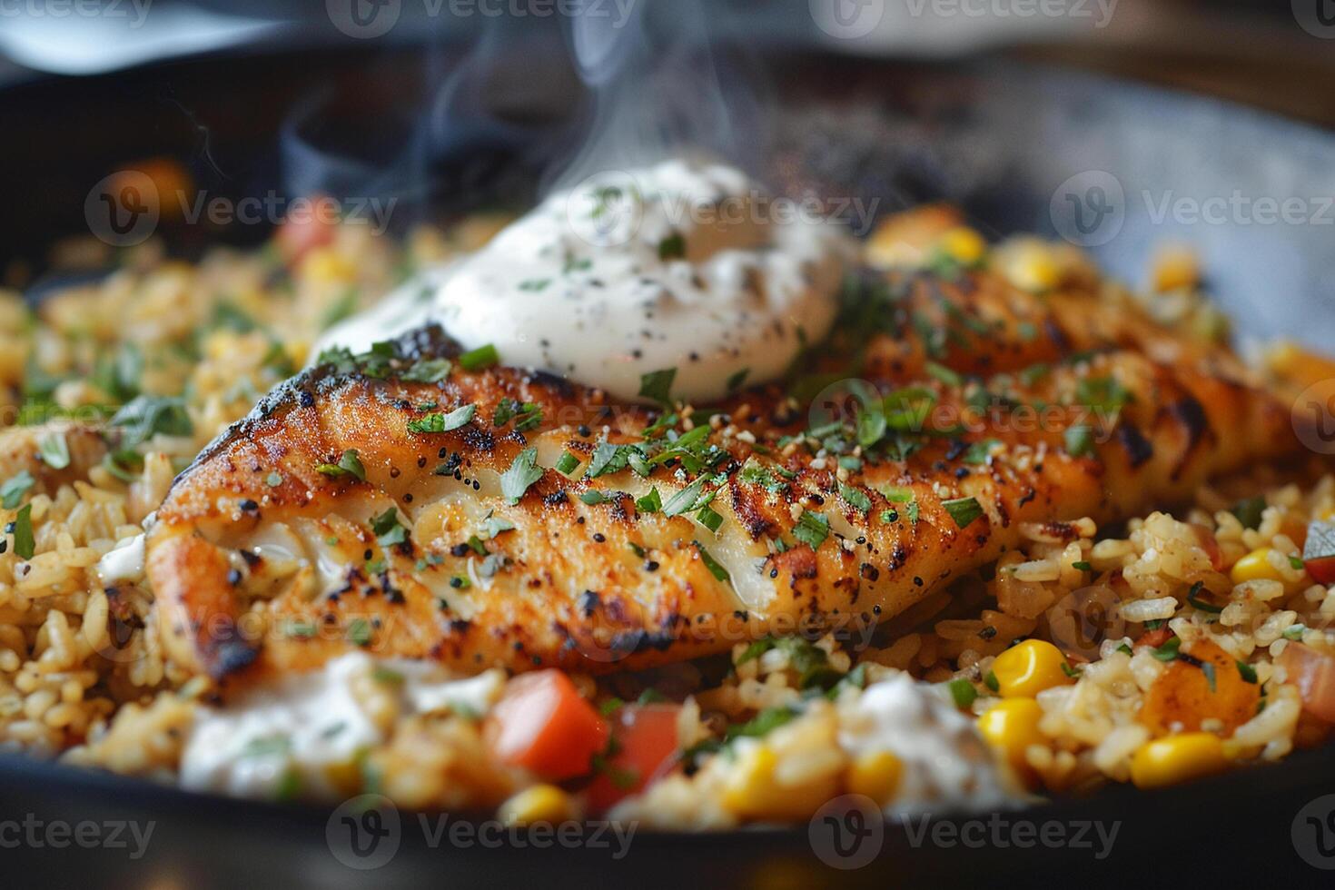 A sizzling fish fry next to a heap of golden fried rice, a dollop of creamy dairy sauce on top, with aromatic fumes wafting around photo