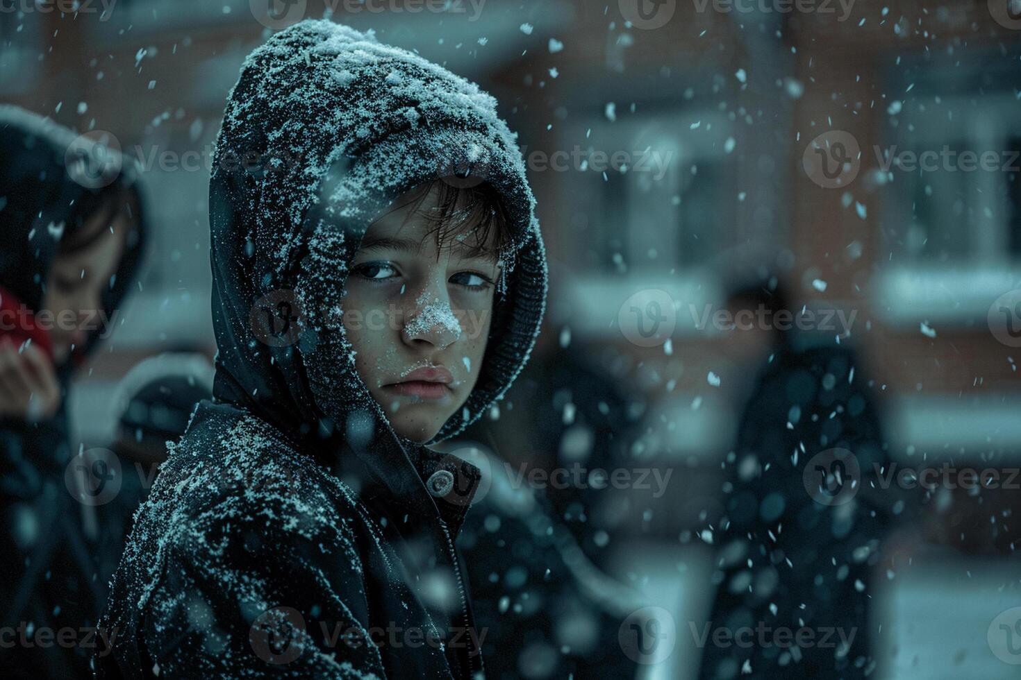 The schoolyard, dark and cold, welcomes students bundled in coats, their breaths visible in the snowy air photo
