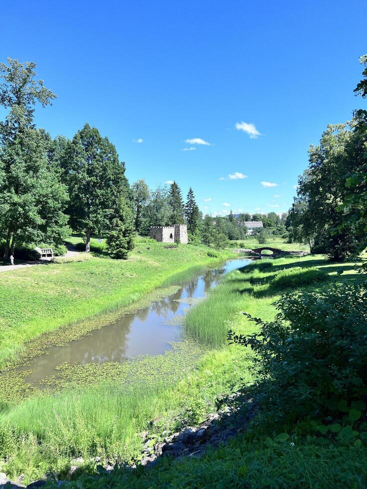 a river runs through a park with trees and grass photo