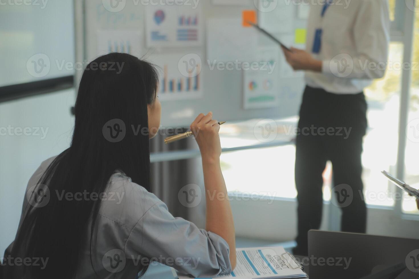 Business team collaboration discussing working analyzing with financial data and marketing growth report graph in team, presentation and brainstorming to strategy planning making profit of company. photo